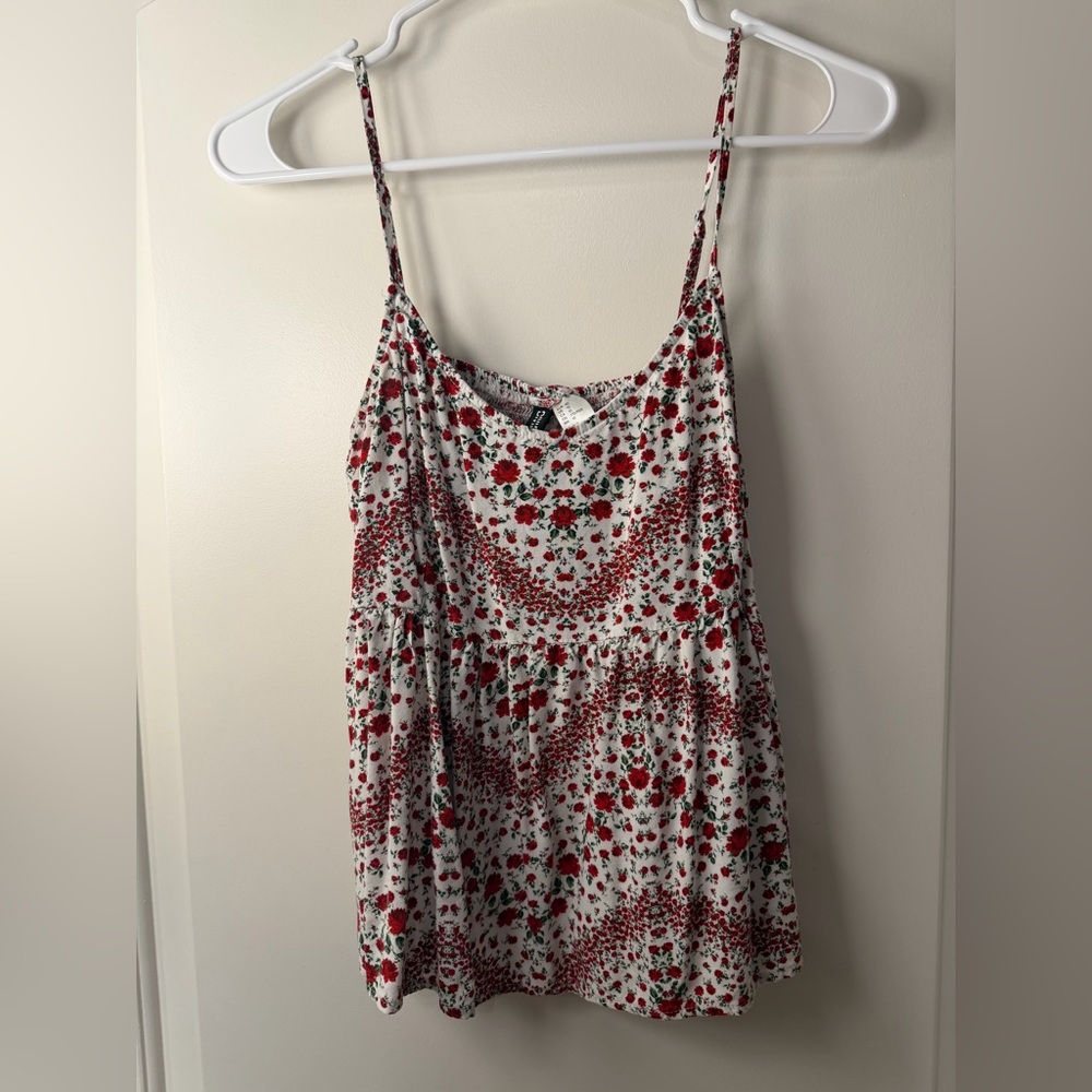 H&M Red and White Floral Smocked Top